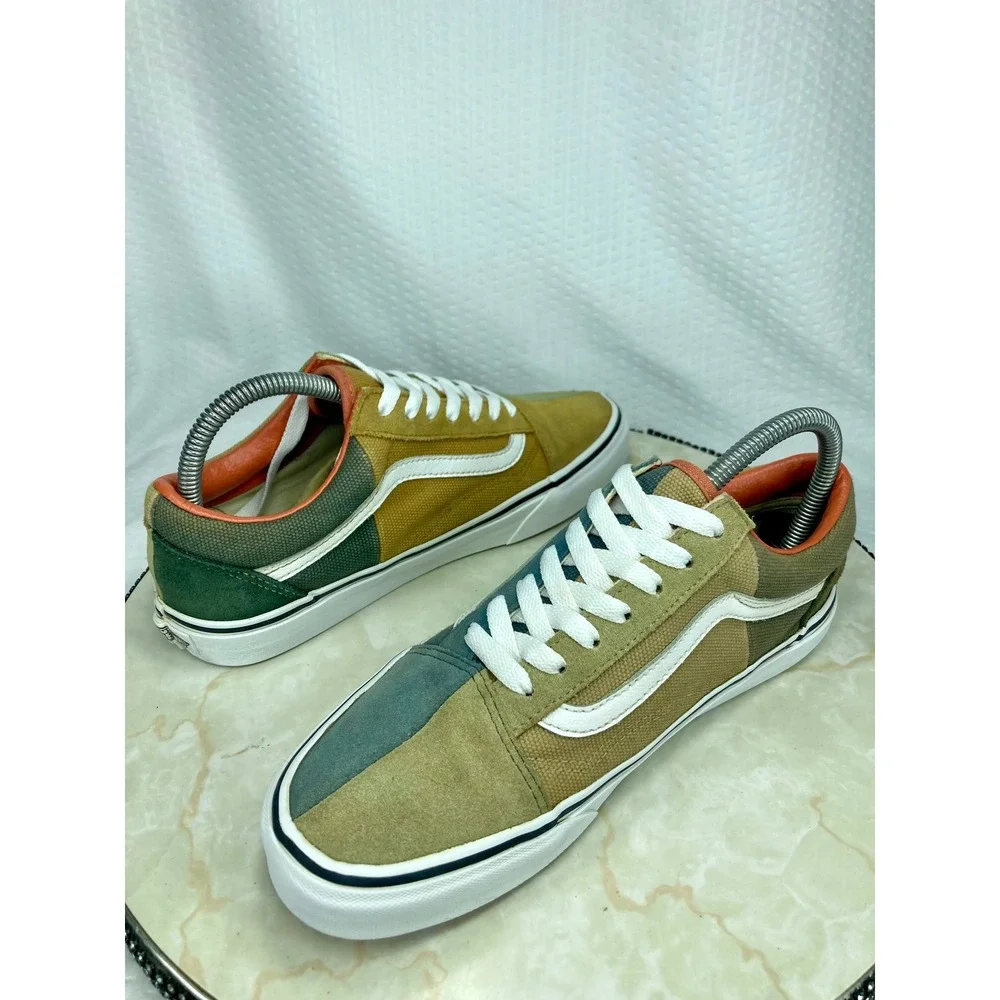 Vans Multi Color Block Skater Shoes Women 8.5 Green Tan Patchwork Retro Sneakers